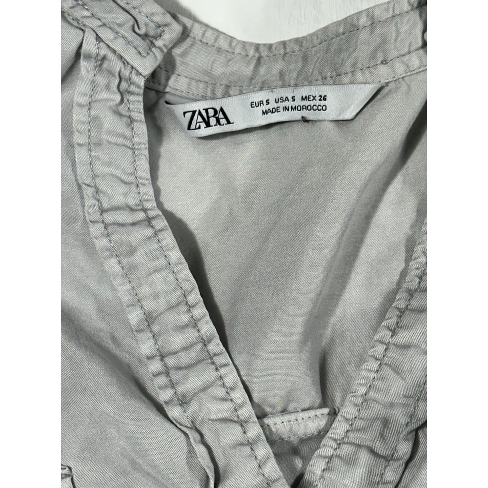 Zara Womens Causal Gray Button Up Shirt Roll Tab Sleeve Pockets Size Small - Picture 5 of 10